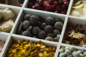 Various spices arranged in tray
