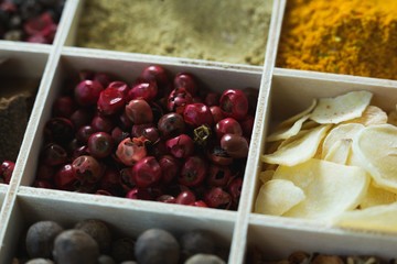 Various spices arranged in tray