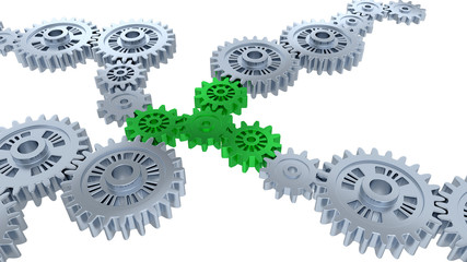Perspective View of Several Silver Gears and Four Green