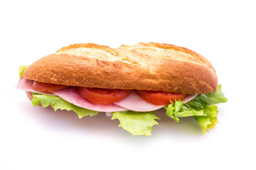 Schinkenbrötchen isoliert freigestellt auf weißen Hintergrund, Freisteller
