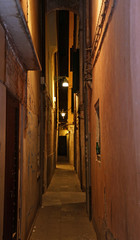 narrow venice street called CALLE in Italian at night with a lam