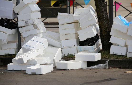 polystyrene boxes on the ground in a square