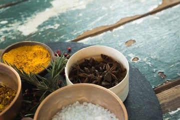 Various spices arranged in board