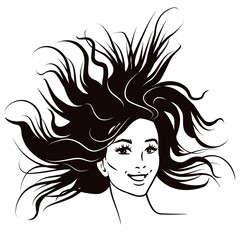 Black and white pen and ink style fashion female portrait. Attractive smiling confident young woman with long flowing windswept hair. Fashion comic book style illustration