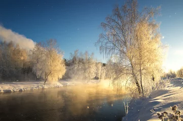 Foto auf Leinwand утренний зимний морозный пейзаж с туманом и лесом на берегу реки, Россия, Урал, январь © 7ynp100