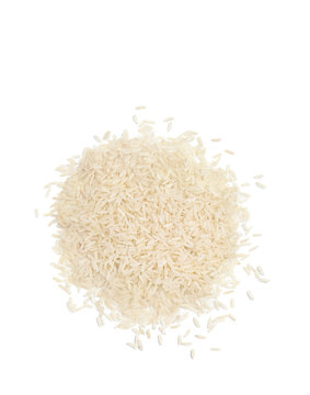 Heap of parboiled rice isolated on white background. Healthy food. Top view. High resolution product