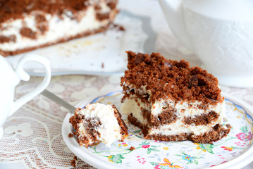 Piece of homemade cake with sour cream