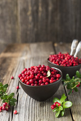 Fresh ripe forest northern cranberries or cowberry, lingonberry in ceramic cups of different size and color on a gray stone aged background for the concept of organic natural healthy food. Top View.