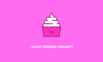 I Love Frozen Yogurt! (Frozen Yogurt With Smiley Face Line Art in Flat Style Vector Illustration Icon and Quote Poster Design)