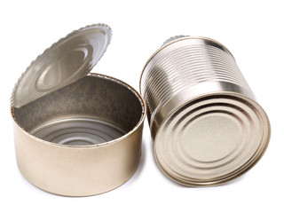 Empty metal tin on white background