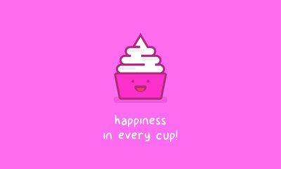 Happiness In Every Cup! (Frozen Yogurt With Smiley Face Line Art in Flat Style Vector Illustration Icon and Quote Poster Design)
