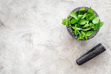 mortar with mint, herbs and spices ingredients on stone background top view mock-up