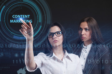 The concept of business, technology, the Internet and the network. A young entrepreneur working on a virtual screen of the future and sees the inscription: Content marketing