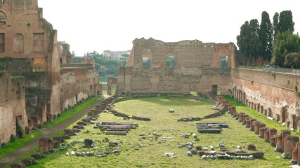 Fototapeta na wymiar Rome, Italy represents the Palatine Hill, one of the most ancient parts of city - stadium and severan complex.