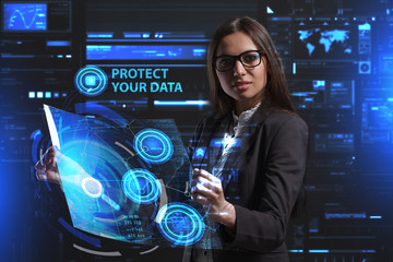 The concept of business, technology, the Internet and the network. A young entrepreneur working on a virtual screen of the future and sees the inscription: Protect your data