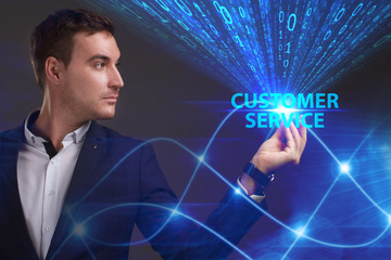 Business, Technology, Internet and network concept. Young businessman working on a virtual screen of the future and sees the inscription: Customer service