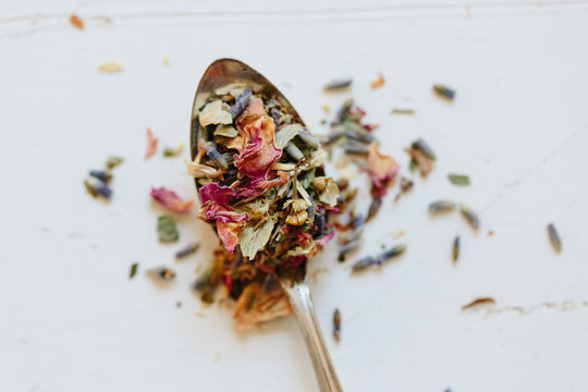 close up of a spoonful of tea