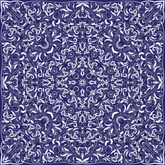 Square pattern on a blue background. Decorative white ornament to the handkerchief in Baroque style. Vector illustration.