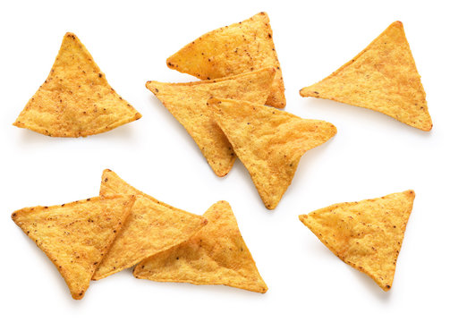 Corn chips, nachos isolated on white background.