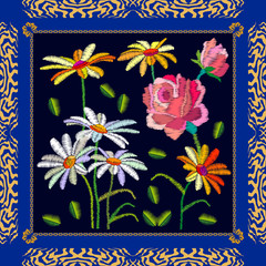 Chamomiles garden. Silk scarf with bright flowers.