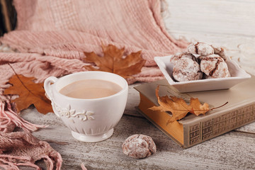 Autumn still life with cup of cocoa and chocolate cookies