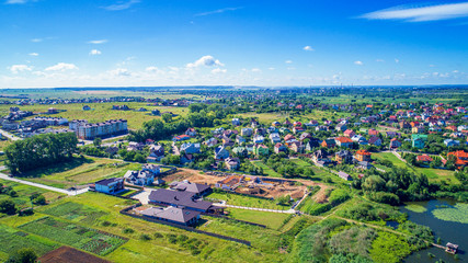 city at sunset from the drone