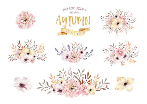 Set of watercolor boho floral bouquets. Watercolour bohemian natural frame: leaves, feathers, flowers, Isolated on white background. Artistic autumn decoration illustration.
