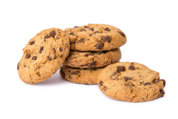 Pile of round cookies with the pieces of chocolate isolated over the white background