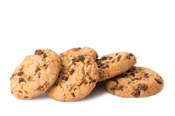 Chocolate chip cookies isolated on white background. 