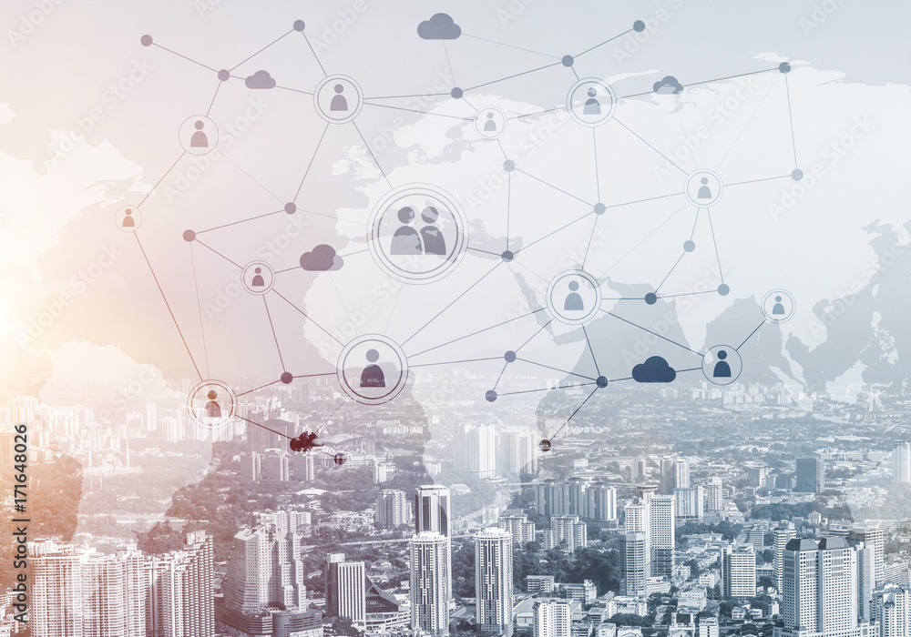 Poster modern city and social net as concept for global networking