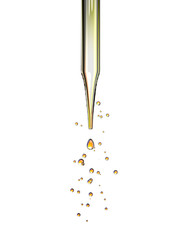 transparent glass pipette with a Golden liquid dripping