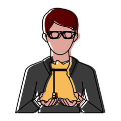 Businessman avatar cartoon holding savings icon vector illustration graphic design