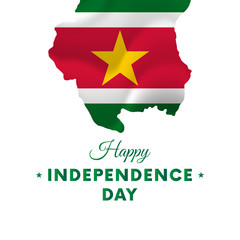 Banner or poster of Suriname independence day celebration. Suriname map. Waving flag. Vector illustration.