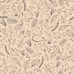 Vector hand drawn seamless pattern with autumn elements contours: foliage, berries, acorns, mushrooms, oak and maple leaves, rosehips and hedgehogs. Fall outline ornament.