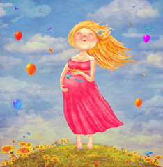 Fototapeta premium Illustration art of young beautiful pregnant blonde woman in red dress on outdoor