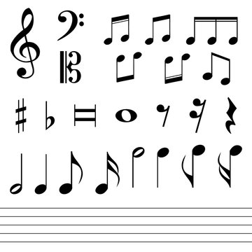 Set of various black musical note icon isolated