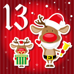 Christmas advent holiday calendar banner. Cute reindeer in santa claus hat with gift box, snowflakes on red gradient background with stars. Cartoon style. Vector illustration