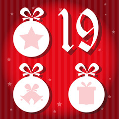 Christmas advent holiday calendar banner.  Christmas ball on red gradient background with stars. Cartoon style. Vector illustration
