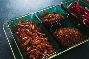 Dried red chili pepper, red chili and crushed red pepper in bowl