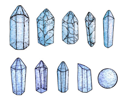 Set Of Watercolor And Ink Hand Painted Blue Gems And Crystals Isolated On The White Background.