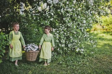 Obraz na płótnie Canvas Two girls carrying a basket of flowers 8302.