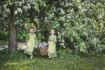 Fototapeta premium Girlfriend carried a wicker basket with flowers for garden decoration 8307.