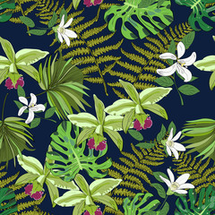 Seamless vector pattern of exotic vector drawn flowers and leaves. Tropical background.