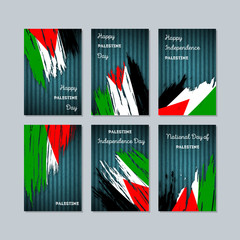 Palestine Patriotic Cards for National Day. Expressive Brush Stroke in National Flag Colors on dark striped background. Palestine Patriotic Vector Greeting Card.