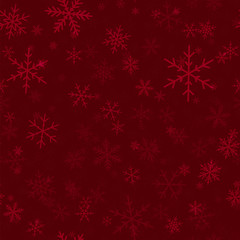 Naklejka na ściany i meble Transparent snowflakes seamless pattern on wine red Christmas background. Chaotic scattered transparent snowflakes. Elegant Christmas creative pattern. Vector illustration.