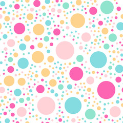 Colorful polka dots seamless pattern on white 3 background. Resplendent classic colorful polka dots textile pattern. Seamless scattered confetti fall chaotic decor. Abstract vector illustration.