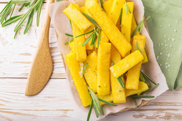 Polenta fries with rosemary. Italian appetizers. Top view.