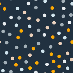 Colorful polka dots seamless pattern on black 7 background. Fine classic colorful polka dots textile pattern. Seamless scattered confetti fall chaotic decor. Abstract vector illustration.