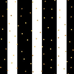 Golden dots seamless pattern on black and white striped background. Sightly gradient golden dots endless random scattered confetti on black and white striped background. Confetti fall chaotic decor.