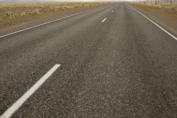 A long straight road leading to a mountain in Altai, Russia. Beautiful steppe view on a cloudy day